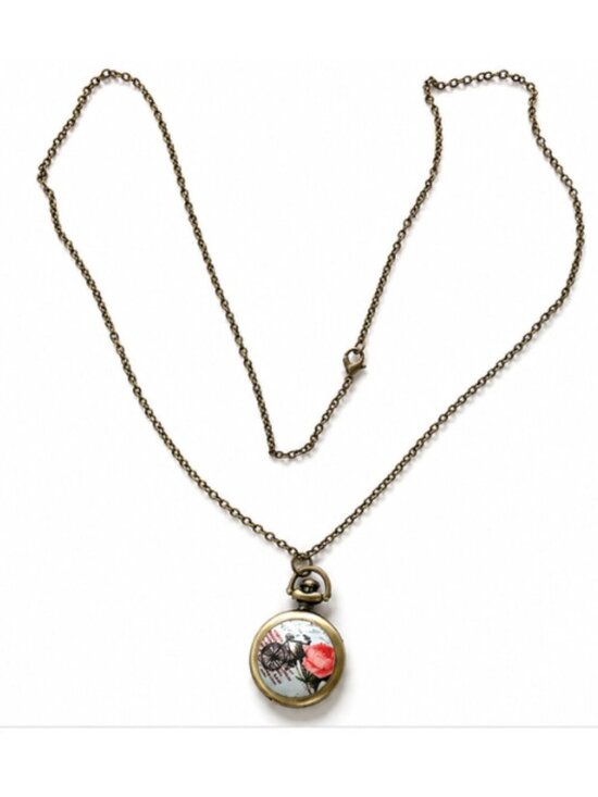 Jewelry - Vintage Style Locket Necklace with Watch Clock  Floral Bicycle Design Pendant